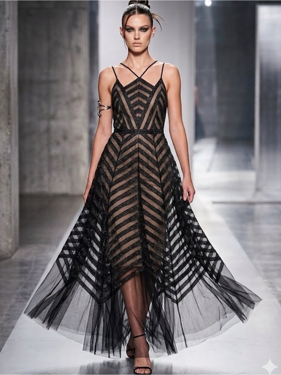 BCBGMaxAzria Dresses & Skirts - BCBGMAXAZRIA Metallic BlackTulle Chevron High-Low Evening Fairy Dress Elegant 0